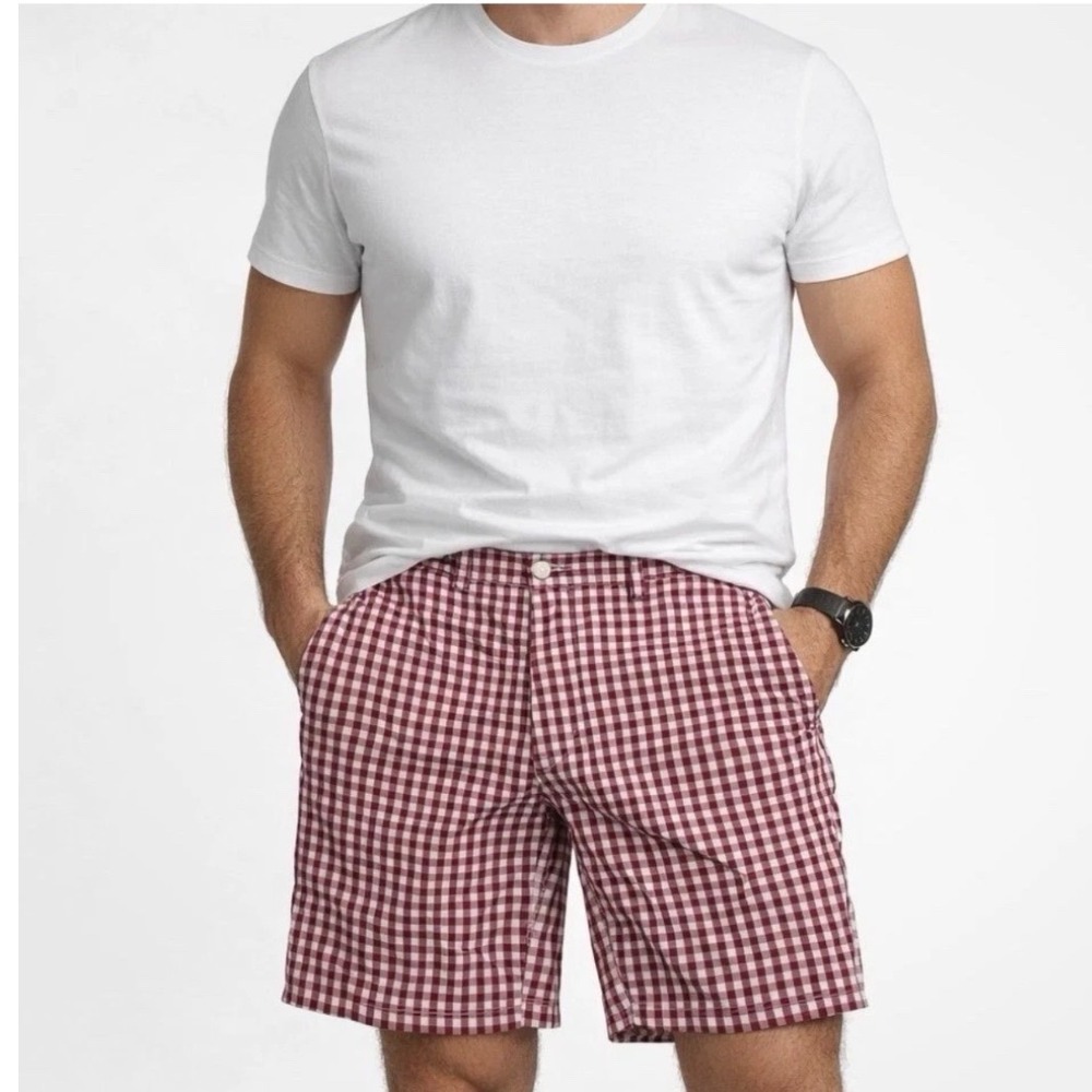 Polo Ralph Lauren Mens Gingham Chino Shorts Red White Size 33 Cotton Preppy